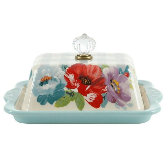 Pioneer Woman Sweet Romance Butter Dish Ceramic Acrylic Pull Knob Floral Gift - Picture 1 of 4